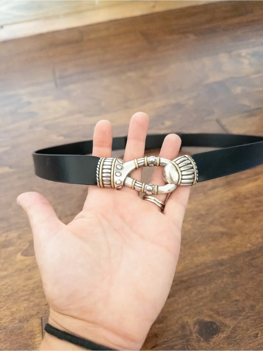 Black Adjustable Leather Belt Ornate Silver-Tone Hook Buckle Western Boho